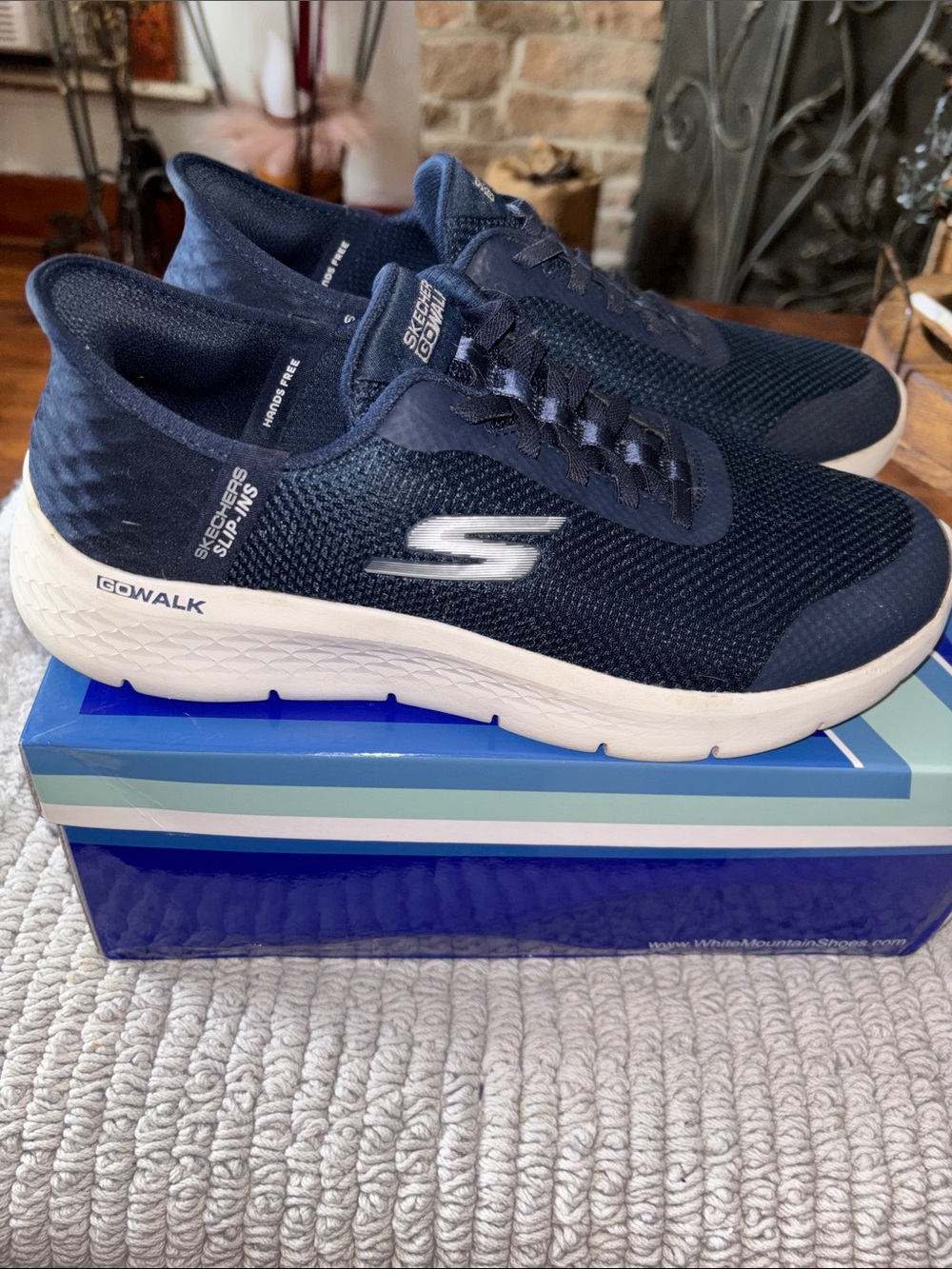 Skechers Navy and White Womens Skechers GoWalk Slip-Ins Knit Walking Sneakers
